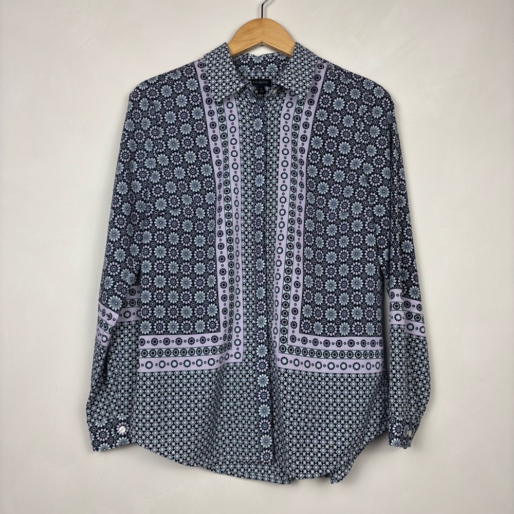 Talbots Women's Long Sleeve Button Front Blouse Blue M Geometric Floral Artsy